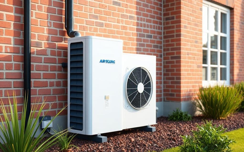 Modern heat pump unit outside an old brick house